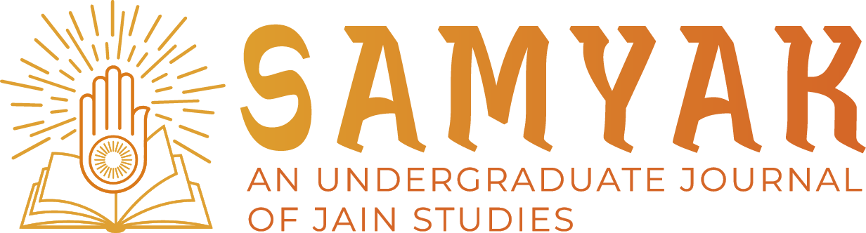 Logo image of an onpen book with a gold glowing hand with a wheel inside it rising from the pages. Next to it, the title of the journal, Samyak: An Undergraduate Journal of Jain Studies