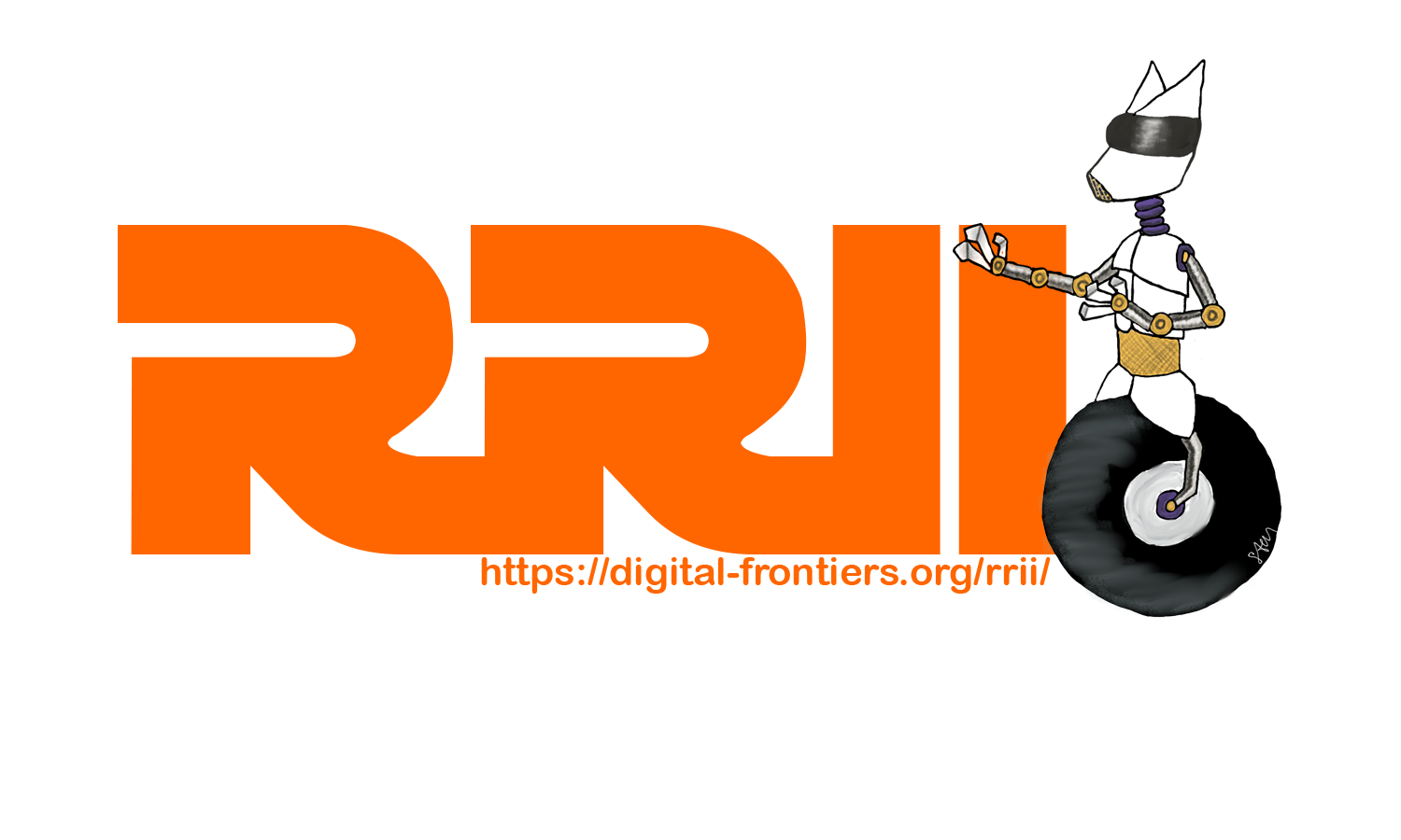 Realizing Resistance Two logo features the stylized letters "RRII" and an image of our nonbinary droid mascot, RiRi. They have a cat-like head, a humanoid torso and arms, and one large wheel for mobility.
